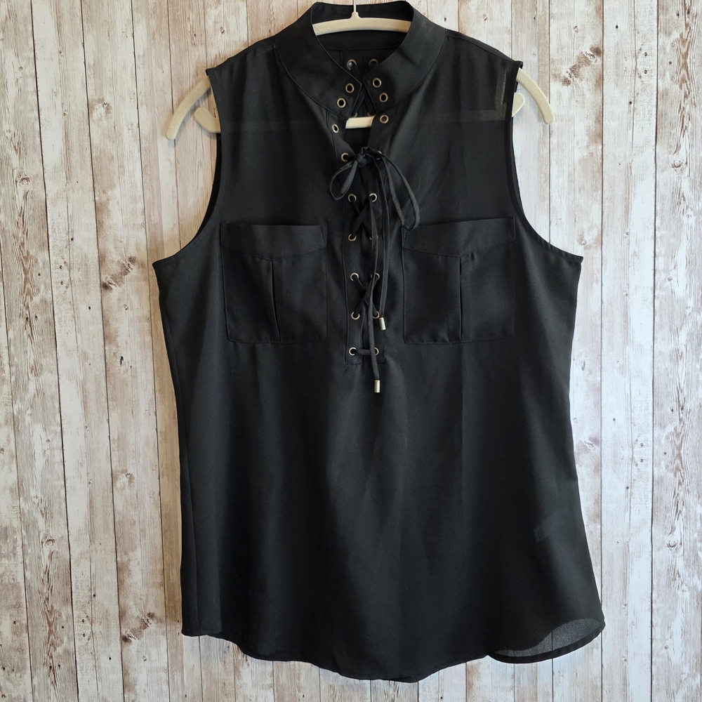 Simply Noelle Charcoal Lace-Up Sleeveless Blouse